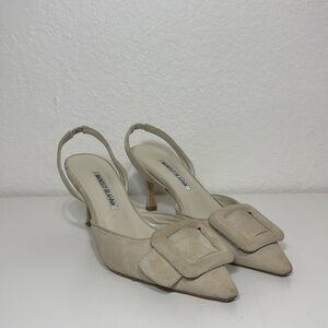 *SOLD* Manolo Blahnik Maysli Cream Suede Sling Back Pumps